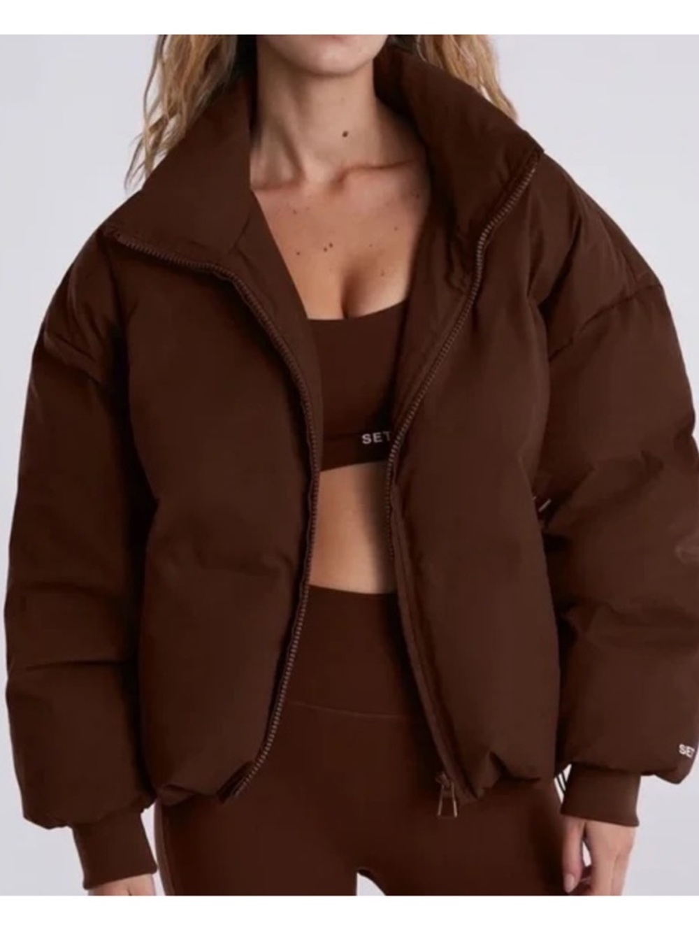 SET Active Oversized Puffer Jacket Brown Small Coat Coco Poly Zip